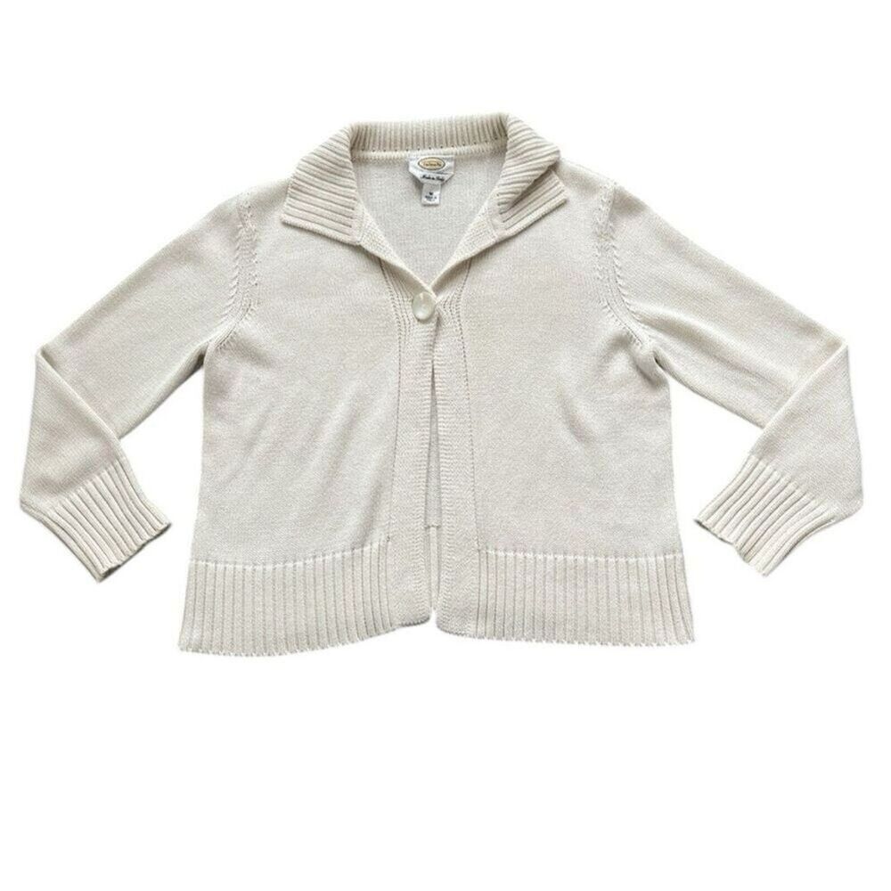 Vintage Talbots Sweater Cardigan Cream Ivory Collared Size Medium Knit Neutral